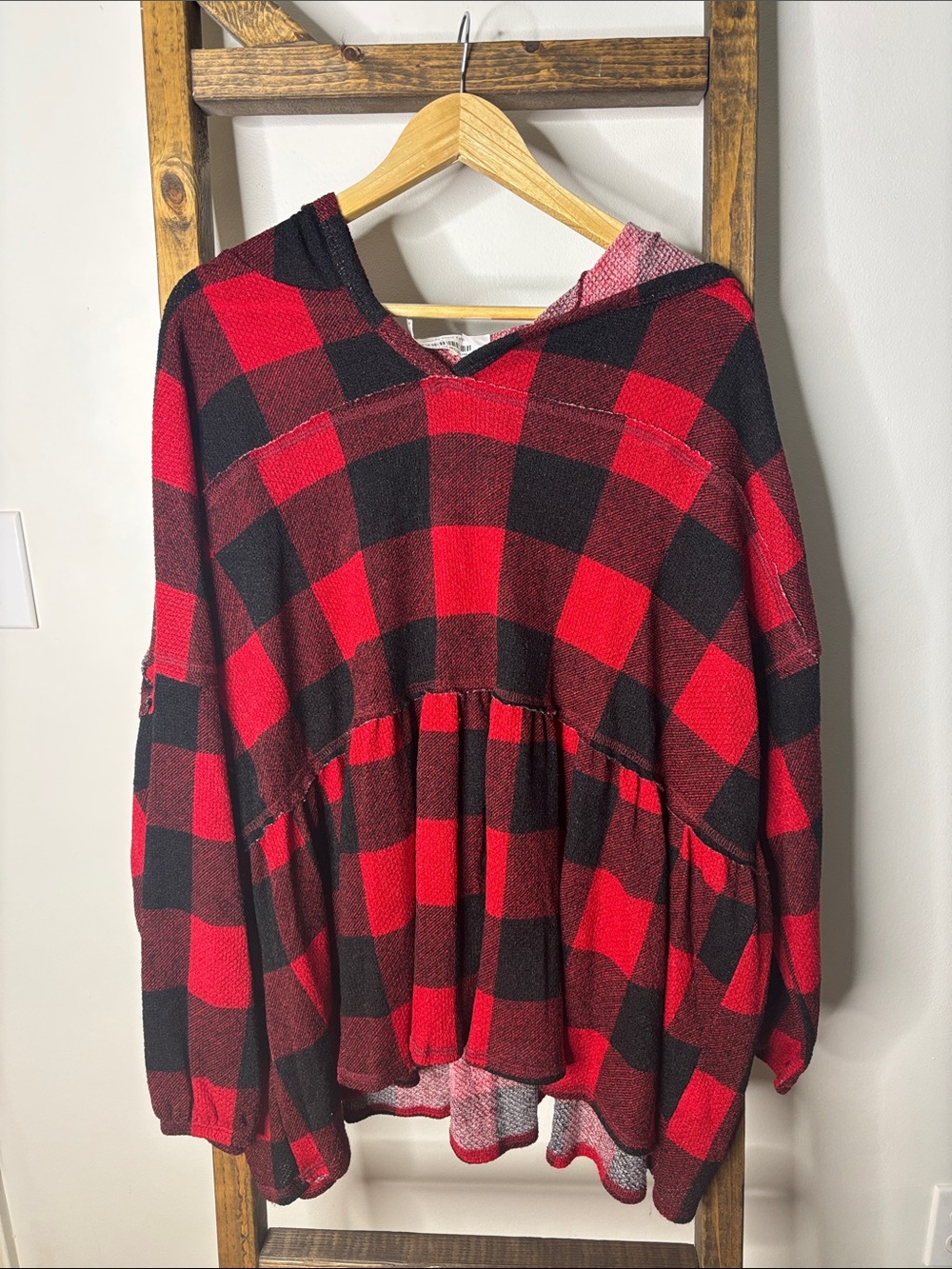 Fantastic Fawn Red and Black Plaid Hooded Peplum Pullover Size M
